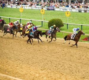 Thoroughbred horses race down a dirt track with colorful jockeys in mid-stride, one horse leading while a crowd watches from the grandstand behind numbered distance markers.