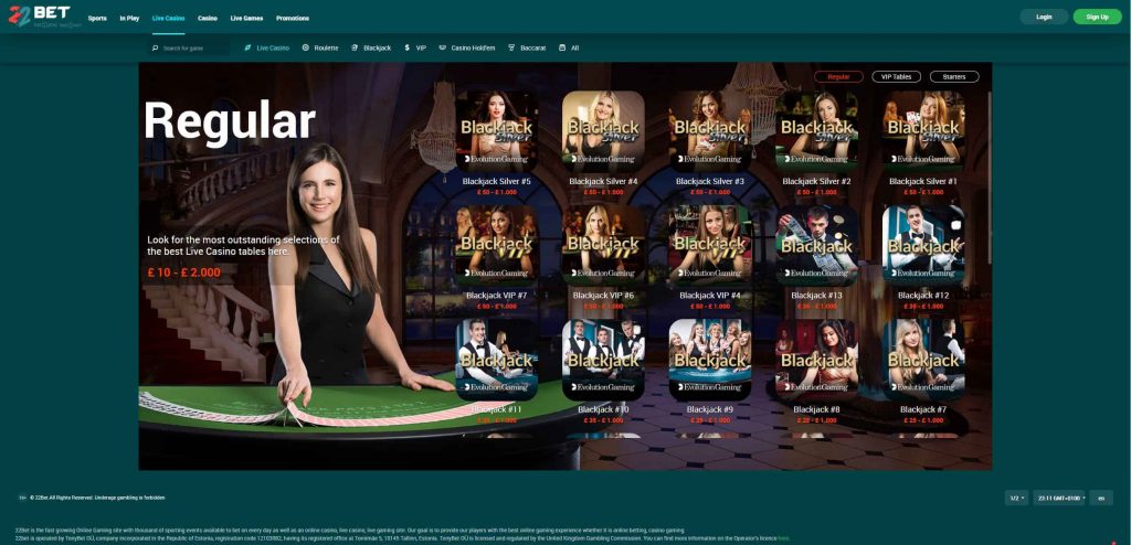 22Bet Live Casino Games Screenshot