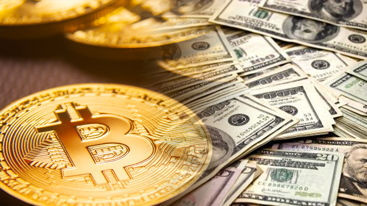 Large gold Bitcoin coins over a pile of US dollar bills.