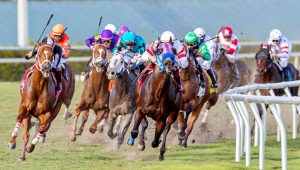 A tight pack of racehorses gallops around a turf track bend, jockeys in colorful silks leaning forward as dirt and grass kick up near the rail.