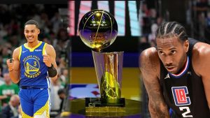 Two NBA Players on Either SIde of the Championship Trophy