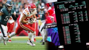 Chiefs Players on Left and a Sportsbook Betting Screen on Right