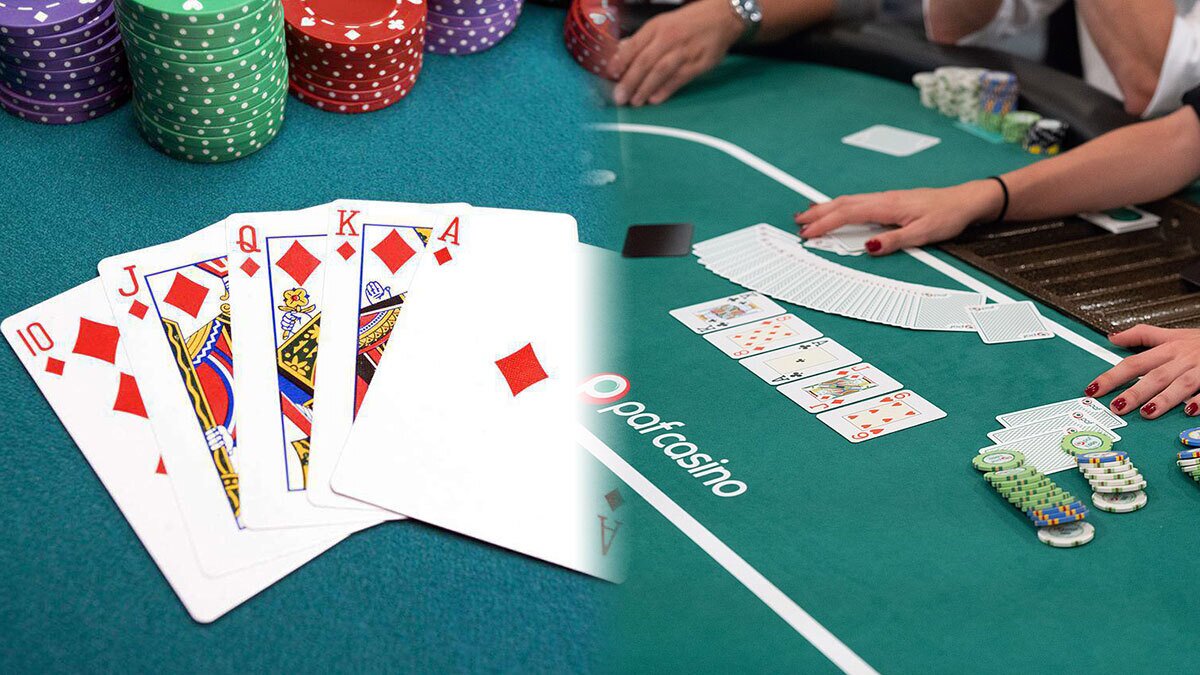 Royal Flush Poker Hand on Left and the Flop on a Poker Table on Right
