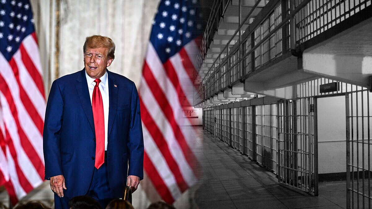 President Trump on the Left and a Rowe of Jail Cells on the Right