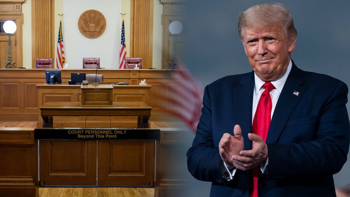 Court Room on the Left and President Donald Trump on the Right
