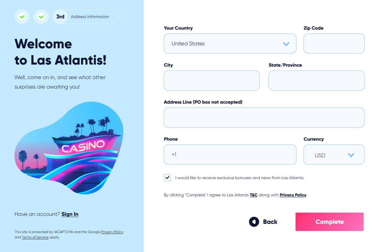 Las Atlantis Sign Up Personal Info