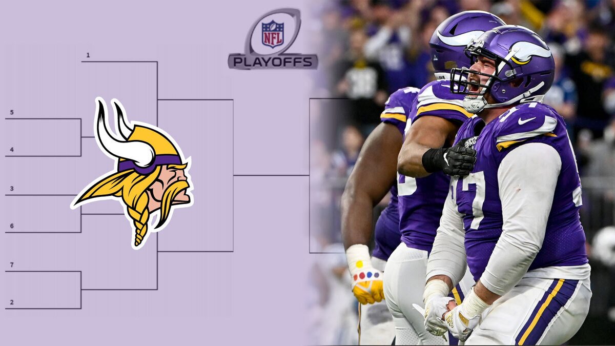 Minnesota Vikings Players on the Right and the Logo on a Playoff Bracket on the Left