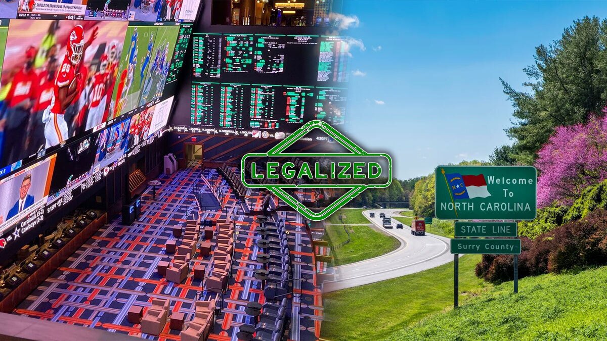 Casino Sportsbook on the Left and the Welcome to North Carolina Sign on the Right with a Legalized Stamp in the Center