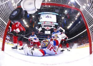 Team Canada's Sidney Crosby (87) scores on Team Russia's goalie Sergei Bobrovsky (72) during the first period of a World Cup of Hockey semifinal game, Saturday, Sept. 24, 2016 in Toronto. (AP Photo/Bruce Bennett, Pool)