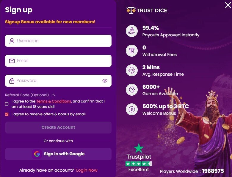 trust dice signup