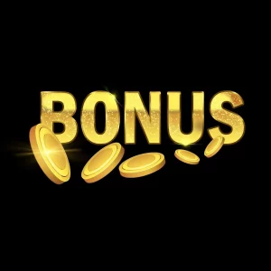 Golden ‘BONUS’ text with sparkling effects and gold coins falling around it on a black background