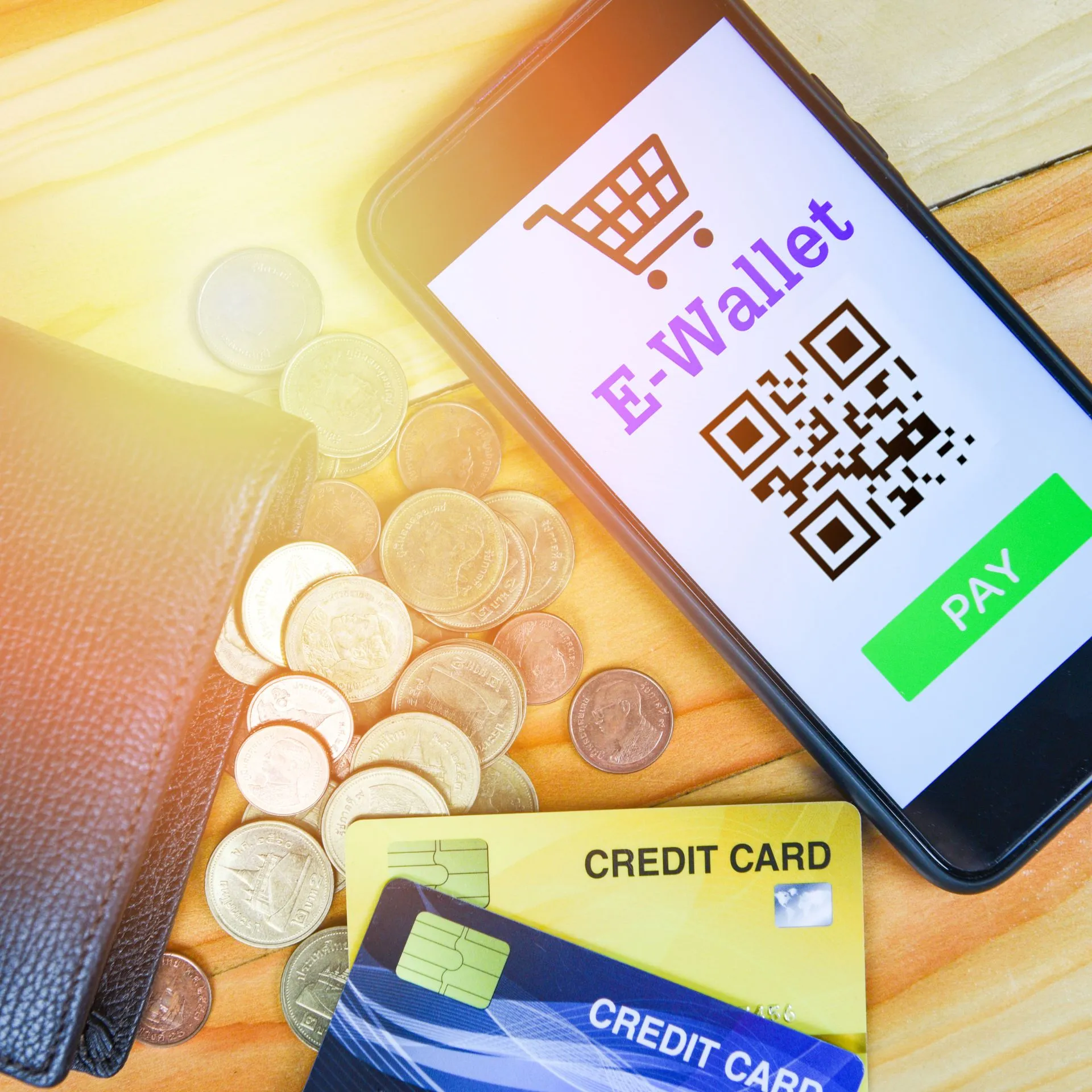 ewallet, credit cards and cash