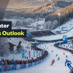 2026 Winter Olympics outlook graphic showing a snowy alpine ski venue with athletes racing downhill, packed spectator stands, mountain chalets, and a large ski jump in the background