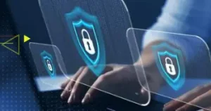 Hands typing behind security lock icons