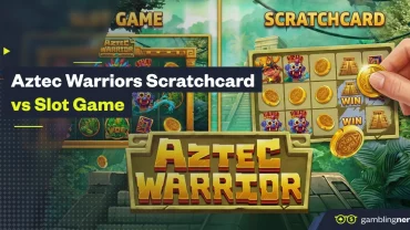 Aztec Warrior scratchcard vs slot game comparison with Aztec-themed symbols and gold coins.