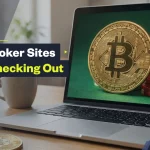 Laptop on a desk displaying a large Bitcoin coin beside stacks of poker chips on the screen, with overlay text reading “Bitcoin Poker Sites Worth Checking Out,” representing online poker played with cryptocurrency.