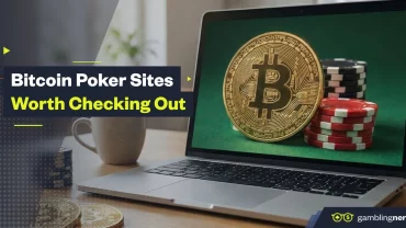 Laptop on a desk displaying a large Bitcoin coin beside stacks of poker chips on the screen, with overlay text reading “Bitcoin Poker Sites Worth Checking Out,” representing online poker played with cryptocurrency.