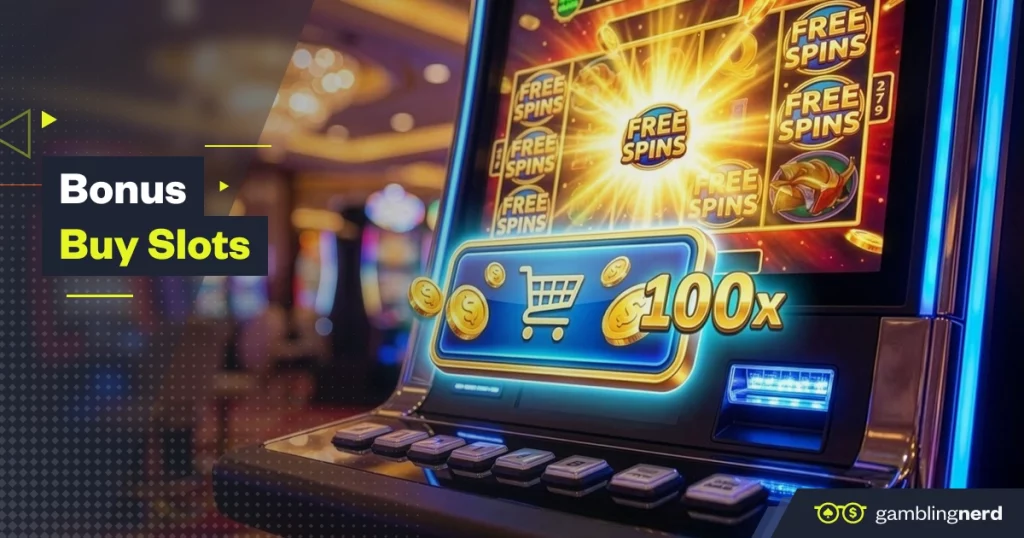 Slot machine screen showing a Buy Bonus feature with free spins symbols and a 100x multiplier in a casino setting