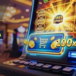 Slot machine screen showing a Buy Bonus feature with free spins symbols and a 100x multiplier in a casino setting