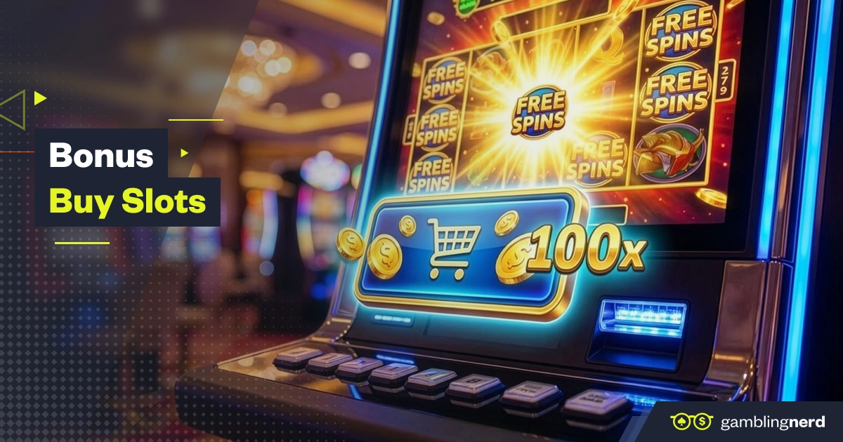 Slot machine screen showing a Buy Bonus feature with free spins symbols and a 100x multiplier in a casino setting
