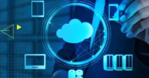 Person interacting with cloud computing graphic