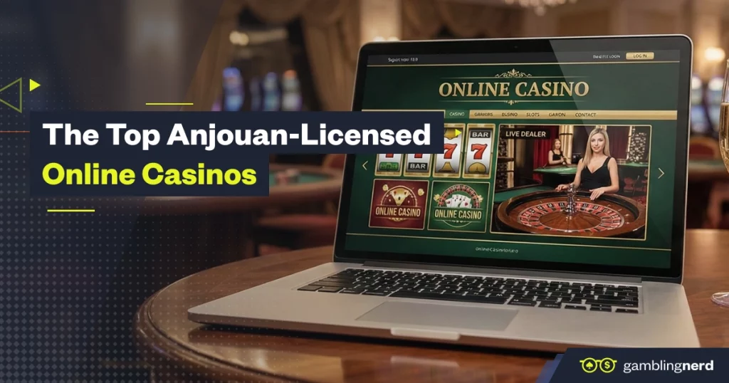 Laptop displaying an online casino website with slot games and a live dealer roulette table, alongside “The Top Anjouan-Licensed Online Casinos” text overlay.