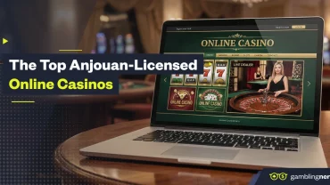 Laptop displaying an online casino website with slot games and a live dealer roulette table, alongside “The Top Anjouan-Licensed Online Casinos” text overlay.