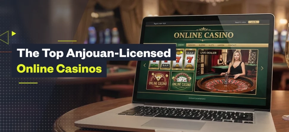 Laptop displaying an online casino website with slot games and a live dealer roulette table, alongside “The Top Anjouan-Licensed Online Casinos” text overlay.