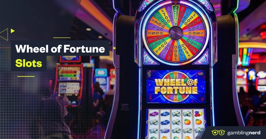 Wheel of Fortune slot machine with a colorful bonus wheel and reels on a casino floor, featuring “Wheel of Fortune Slots” branding.