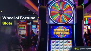 Wheel of Fortune slot machine with a colorful bonus wheel and reels on a casino floor, featuring “Wheel of Fortune Slots” branding.