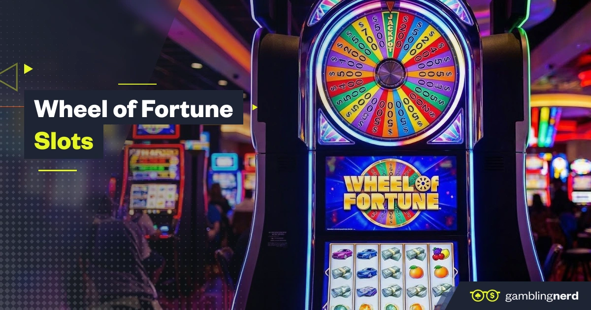 Wheel of Fortune slot machine with a colorful bonus wheel and reels on a casino floor, featuring “Wheel of Fortune Slots” branding.