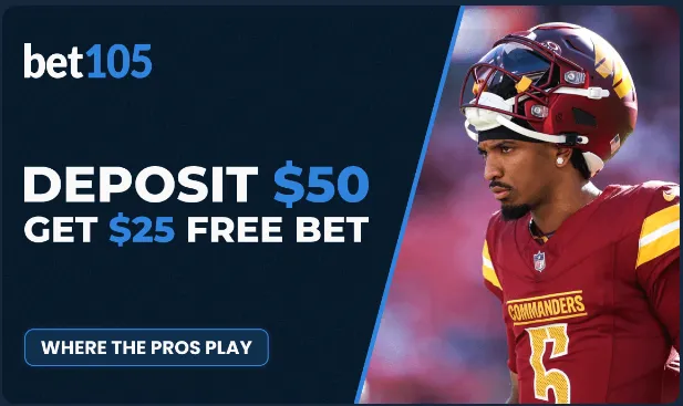 Bet105 promotion offering a $25 free bet when depositing $50, featuring a football player in a Commanders uniform 1