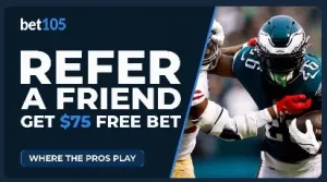Bet105 refer-a-friend promotion offering a $75 free bet, shown with an NFL player in action