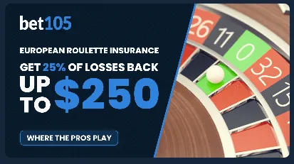 Bet105 European roulette insurance promo offering 25% of losses back up to $250 with a roulette wheel image 5