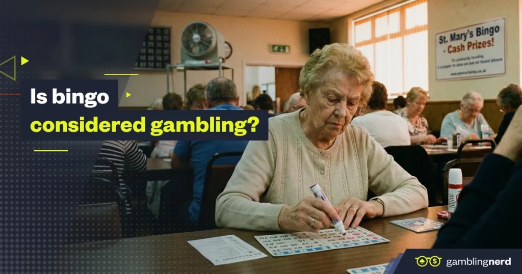 Elderly woman marking a bingo card at a community hall while other players sit behind her; overlay text reads “Is bingo considered gambling?” with GamblingNerd branding.
