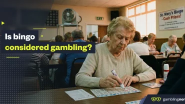 Elderly woman marking a bingo card at a community hall while other players sit behind her; overlay text reads “Is bingo considered gambling?” with GamblingNerd branding.