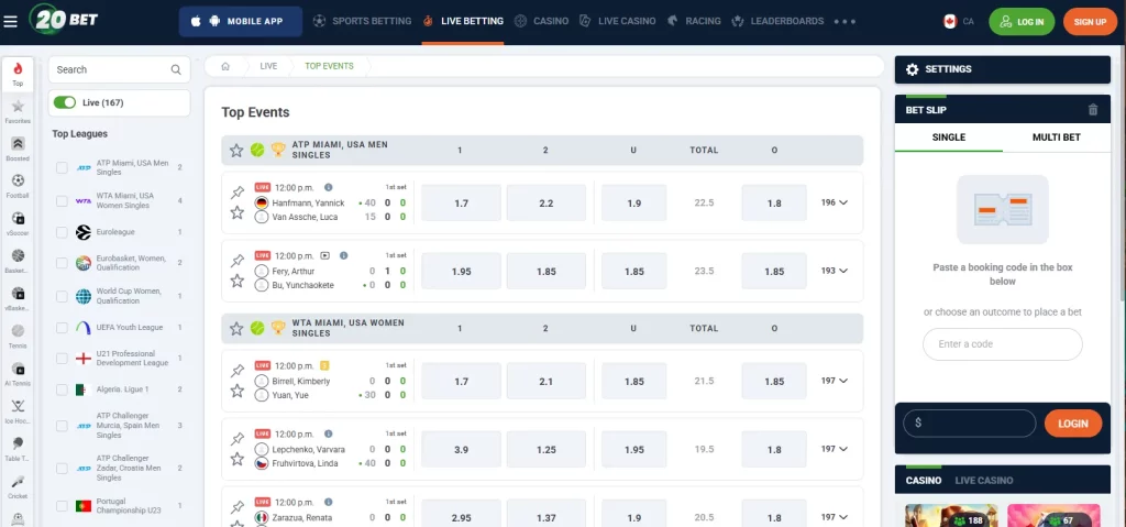 20bet casino live betting