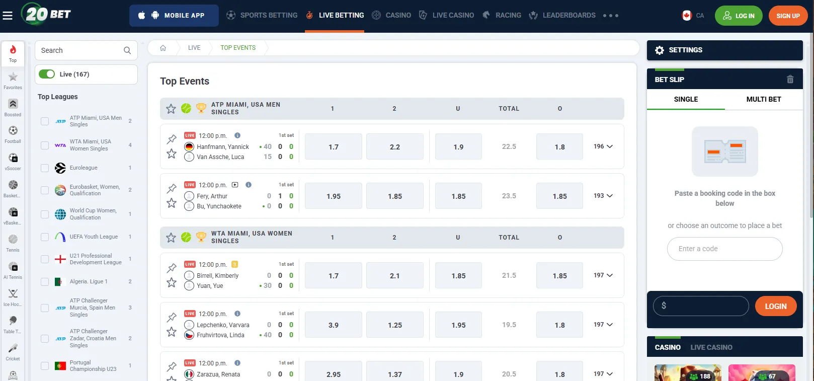 20bet casino live betting 5