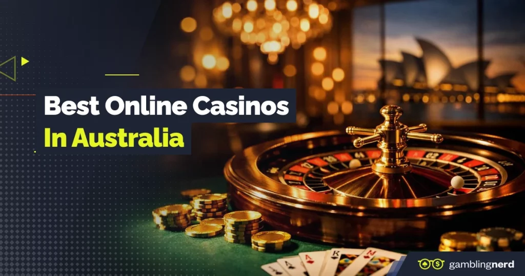 Banner showing a roulette wheel and casino chips with Sydney Opera House in the background, alongside the text “Best Online Casinos in Australia.