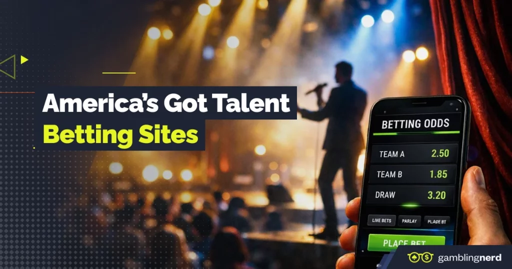 Promotional graphic for “America’s Got Talent Betting Sites” showing a singer performing on a lit stage with a crowd in the background, alongside a smartphone displaying betting odds.