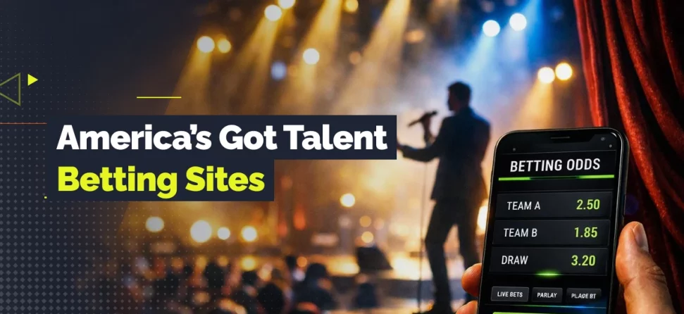Promotional graphic for “America’s Got Talent Betting Sites” showing a singer performing on a lit stage with a crowd in the background, alongside a smartphone displaying betting odds.
