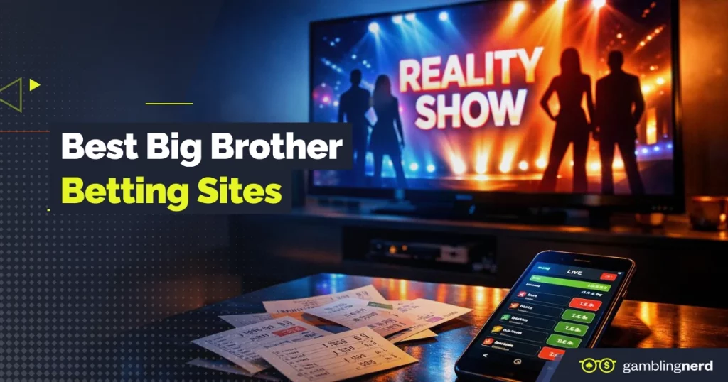 Promotional graphic for “Best Big Brother Betting Sites” showing a TV displaying a reality show with contestants silhouetted on stage, alongside a smartphone with live betting odds and betting slips on a table.