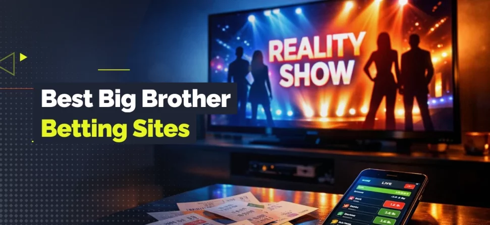 Promotional graphic for “Best Big Brother Betting Sites” showing a TV displaying a reality show with contestants silhouetted on stage, alongside a smartphone with live betting odds and betting slips on a table.