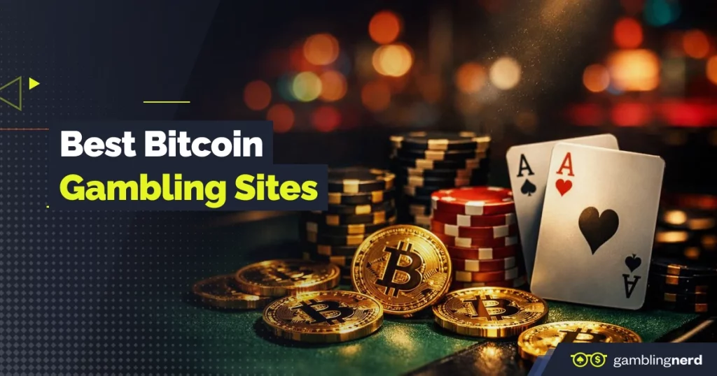 Banner for best Bitcoin gambling sites featuring Bitcoin coins, stacked poker chips, and two aces on a casino table with blurred lights in the background.