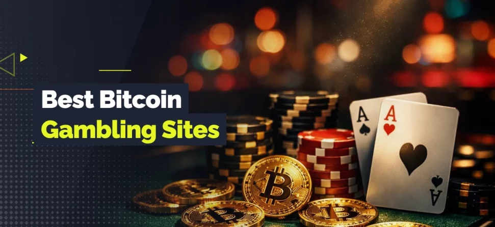 Banner for best Bitcoin gambling sites featuring Bitcoin coins, stacked poker chips, and two aces on a casino table with blurred lights in the background.