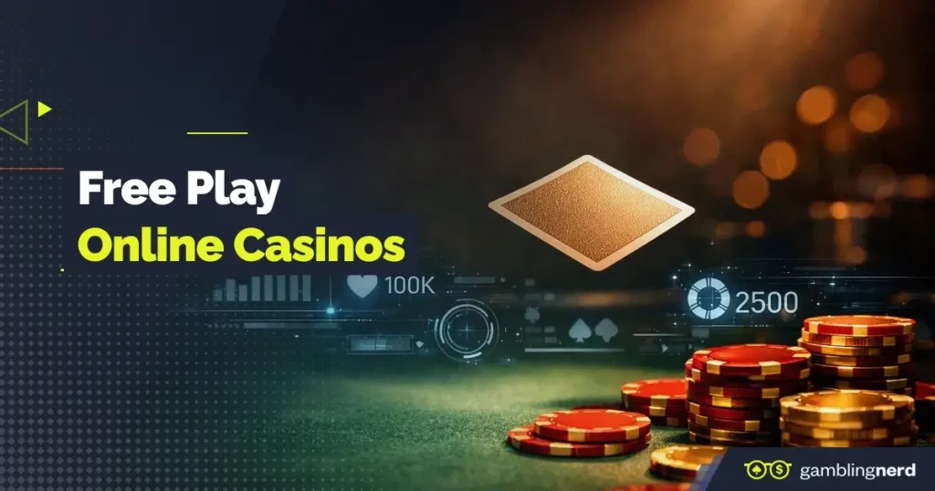 Free play online casino banner with poker chips, playing card, and digital gaming interface elements on a dark background.