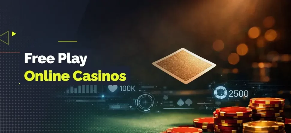 Free play online casino banner with poker chips, playing card, and digital gaming interface elements on a dark background.