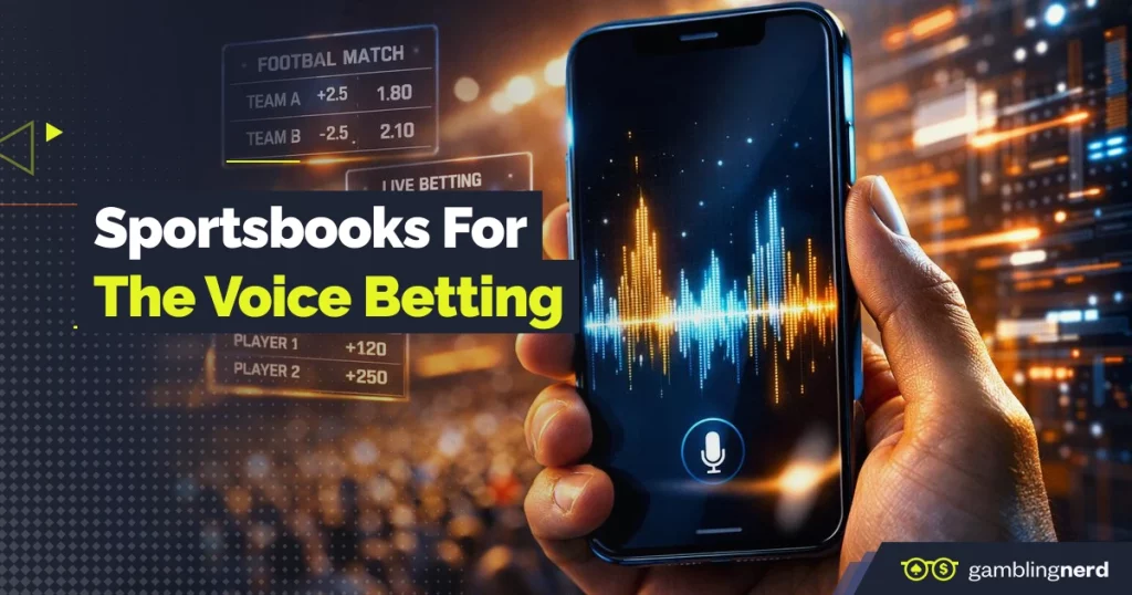 Promotional graphic for “Sportsbooks for The Voice Betting” showing a hand holding a smartphone with an audio waveform and microphone icon, with live betting odds overlays and a blurred stage audience in the background.
