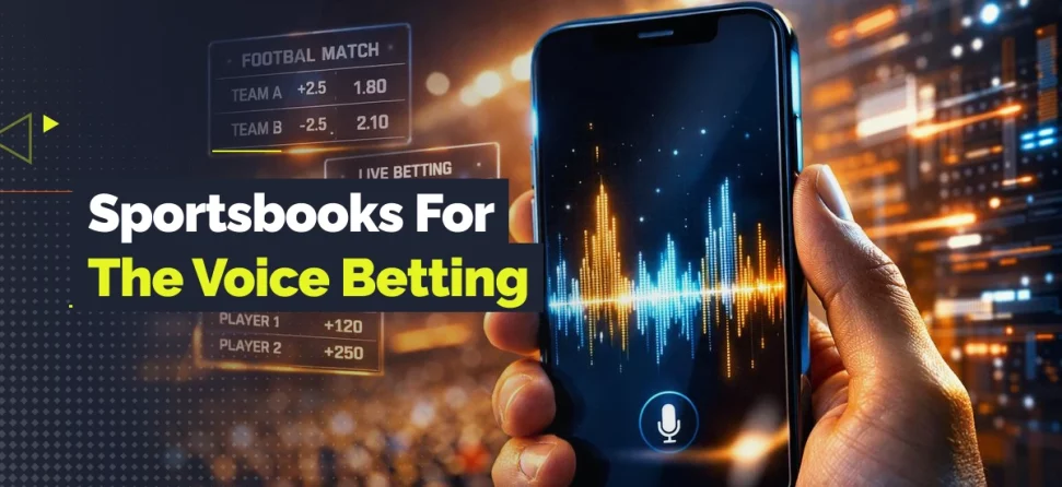 Promotional graphic for “Sportsbooks for The Voice Betting” showing a hand holding a smartphone with an audio waveform and microphone icon, with live betting odds overlays and a blurred stage audience in the background.
