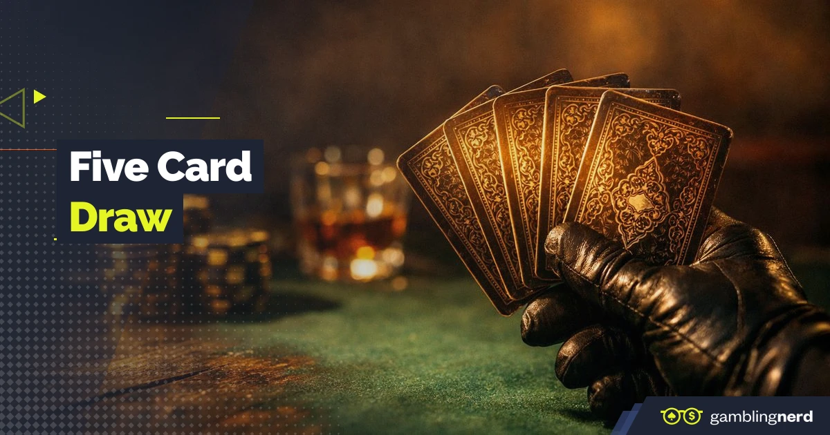Header image for a Five Card Draw poker guide, showing a gloved hand holding five playing cards with the text “Five Card Draw.”